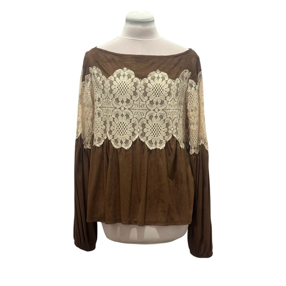 JUDITH MARCH Brown Faux Suede Ivory Lace Lantern Sleeve Top MEDIUM Boho Fall